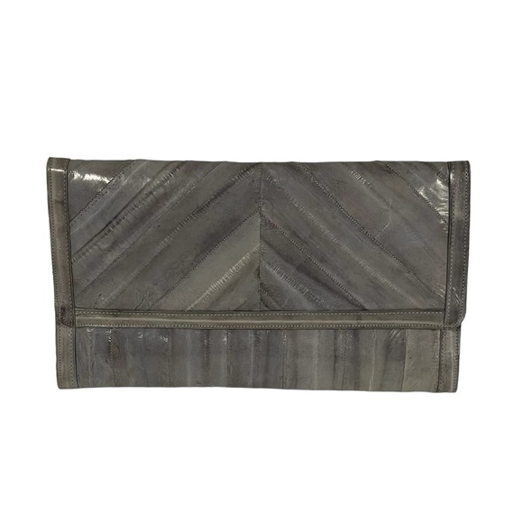Vintage Gray Natural Eelskin Flap Clutch Handbag With Bonus Checkbook Cover - Picture 1 of 11
